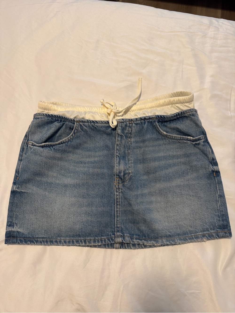Zara Light Blue Denim Mini Skirt with Cream Elastic Waist